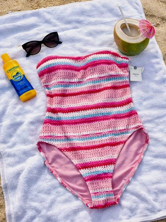 Kate Spade Bandeau One Piece Swimsuit Pink Stripe Eyelet Sz M NWT - Picture 2 of 7